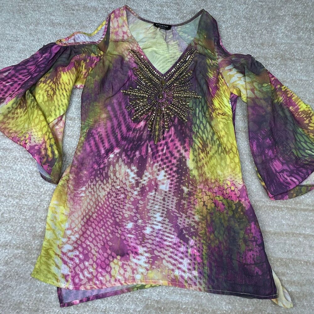 bebe Blouse Womens S Beaded Embellished Cold Shoulder Sheer Tunic VNeck Multi
